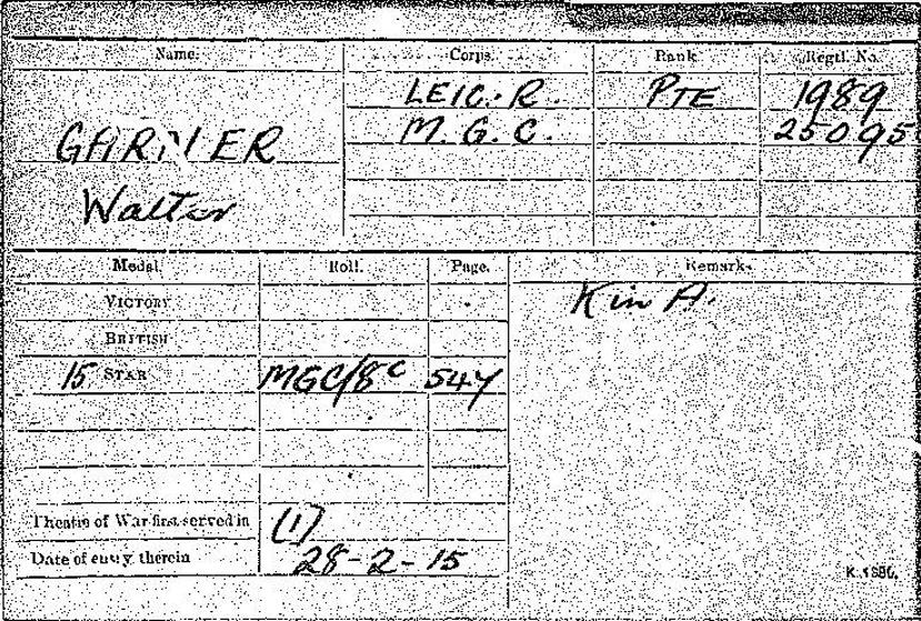 WW1 Medal Card - Walter Garner
